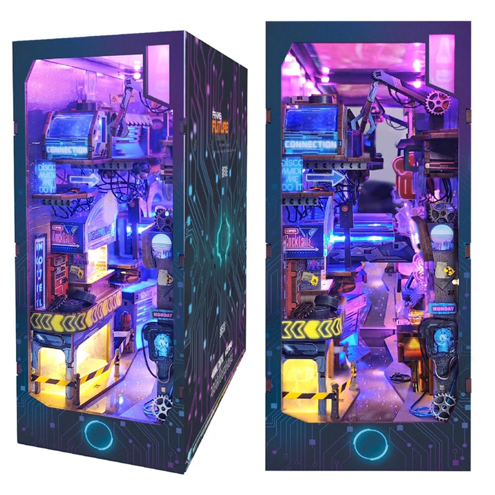 Cjeuxnr Book Nook Kit DIY Dollhouse Miniature Kit, Bookshelf Insert Decor, 3D Wooden Puzzle Booknook Miniature Kit with Furniture for Creative Ssembled Bookends