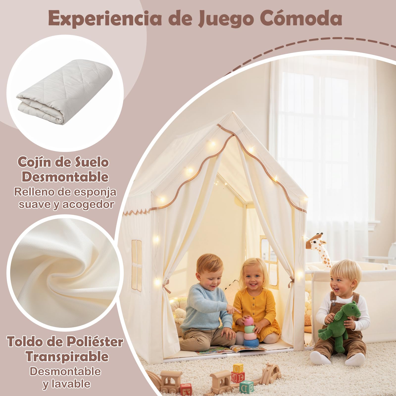 GOPLUS Tienda de Campaña Infantil con Parque, tipi Infantil Interior 2 en 1 con Patio, Luces Estrelladas, Alfombra de Algodón Lavable, Cortinas, Ventanas, Tienda de Juegos para Niños de 3+ Años (Café)