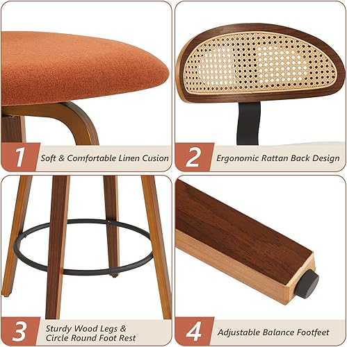 Miniatura 4 de Taburetes de bar giratorios de altura de mostrador, taburetes de bar tapizados de 26 pulgadas con respaldo de ratán, marco de madera curvada, sillas
