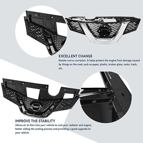 Miniatura 4 de Parachoques delantero negro rejilla ajuste 2014 2015 2016 para N-issan Rogue compatible con malla frontal de aire parrilla de repuesto con detalles