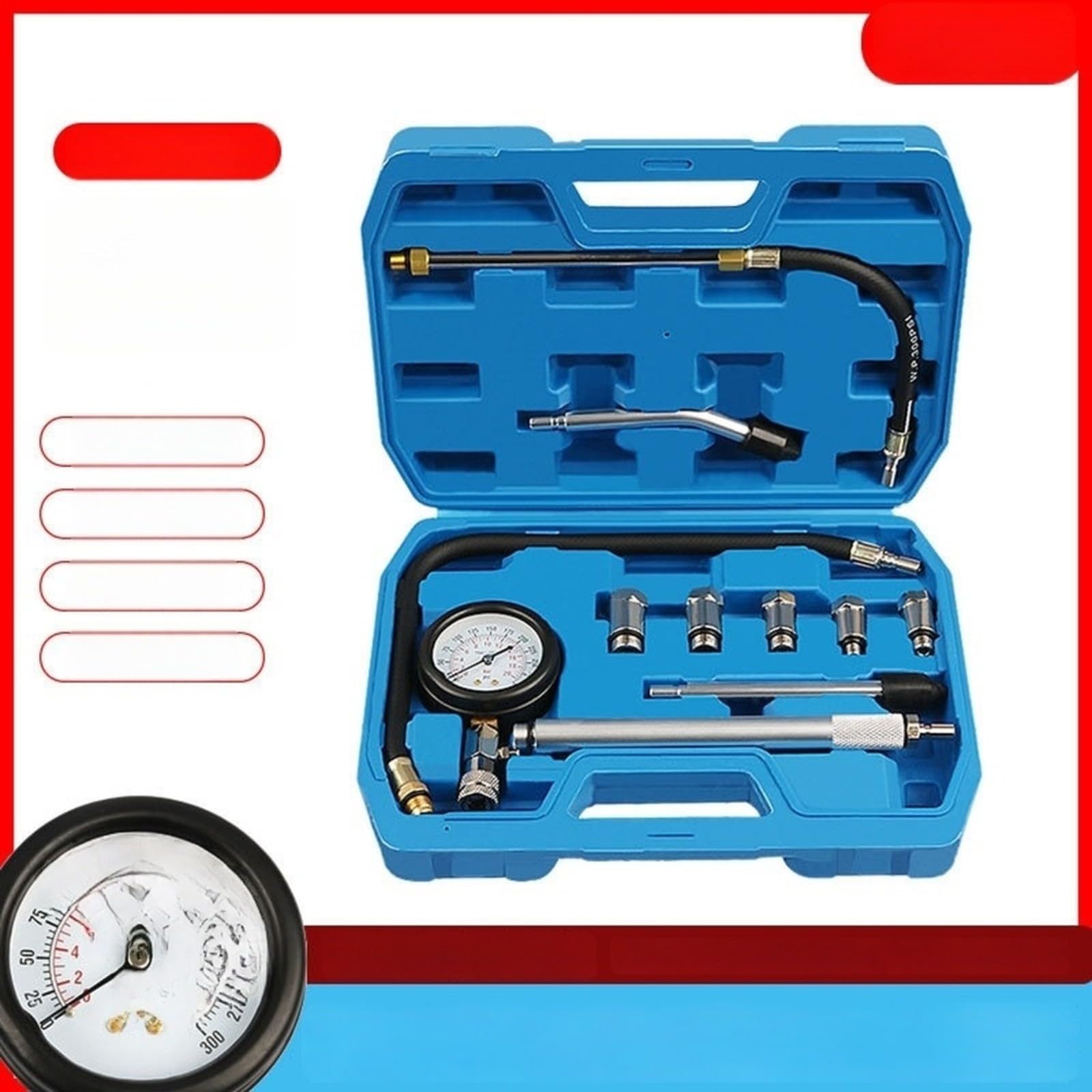 Medidor de presión cilíndrica de 11 piezas para prueba de compresión del motor, manómetro 0-300 PSI/0-20 BAR con adaptadores y manguera flexible,