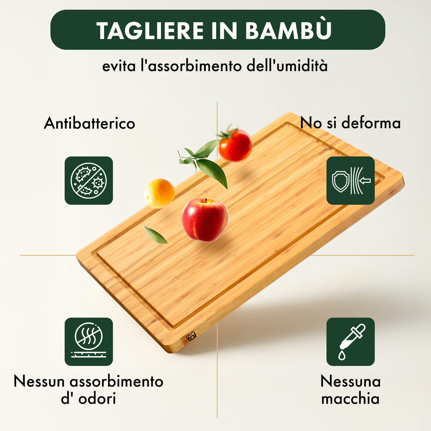 Blumtal Tagliere da Cucina Professionale - Tagliere Legno Grande - Scanalatura Anti-Gocciolamento - Tagliere in Legno Bamboo Antibatterico - 43,5x29,5 cm - Grande