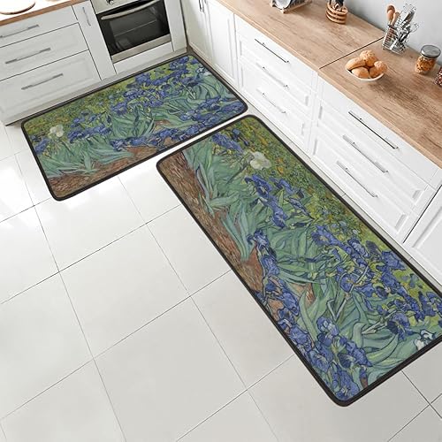 Van Gogh - Tapete de cocina con diseño de iris acolchado antifatiga, juego de 2 piezas, duradero, resistente a las manchas, parte inferior