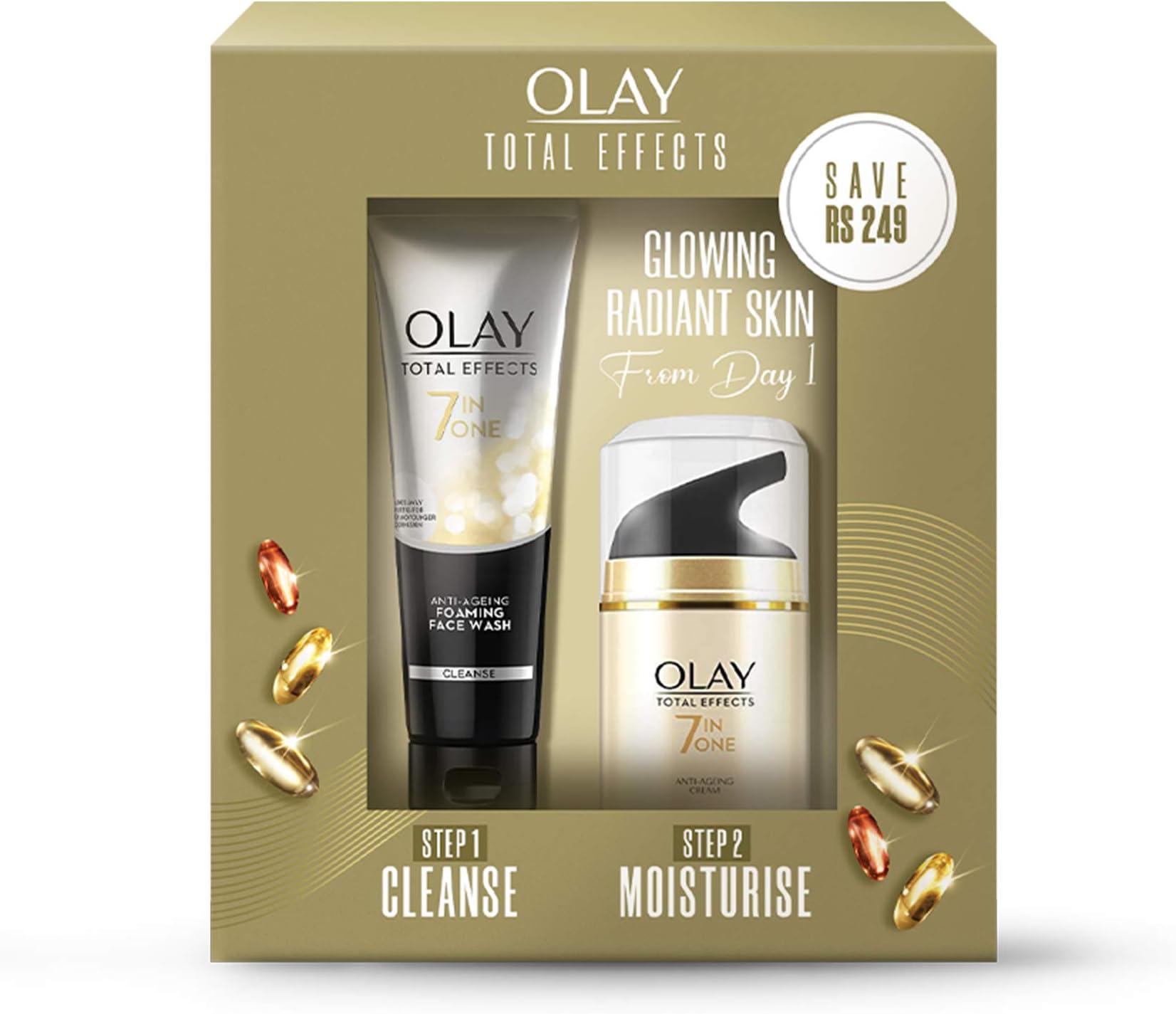 Total Effects Giftpack - Day Cream with SPF 15 50gm + Cleanser 100g | Fights 7 Signs of Ageing | With Niacinamide and Green Tea Extracts | Normal, Oily, Dry, Combination Skin | Pack of 2
