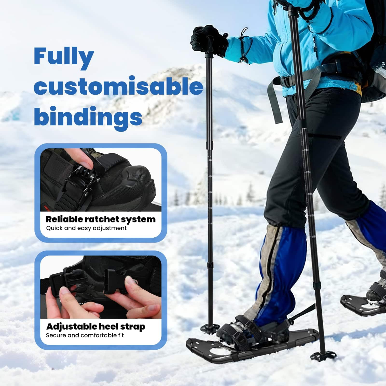 vidaXL Racchette da Neve 3 in 1 con bastoni da Trekking Nero, Ciaspole in Alluminio per Il Giardino, Attrezzatura Outdoor Regolabile, Accessori Moderni per Camminare sulla Neve