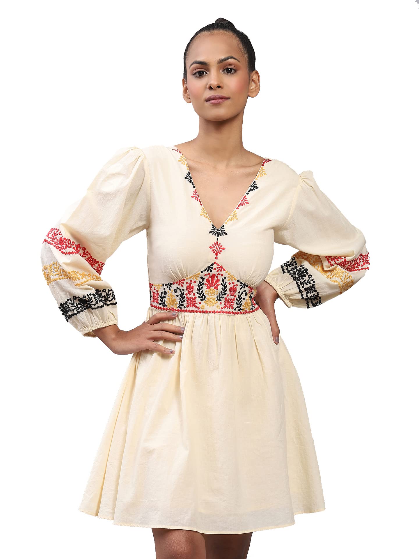 Label RITU KUMARV Neck Full Sleeve Embroidered Short Dress