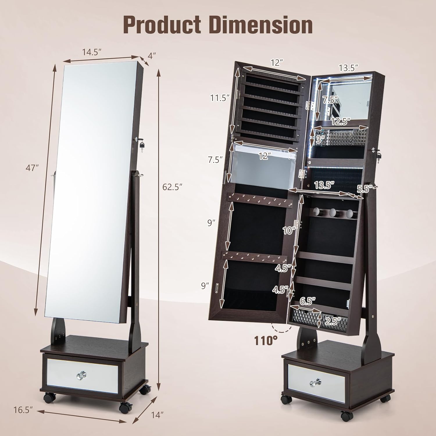 CHARMAID Rolling Jewelry Armoire with Full Length Mirror, Lockable Standing Jewelry Cabinet Organizer with Wheels & 3-Color Lights, Mirror with Jewelry Storage, Drawers & Shelves (Espresso)