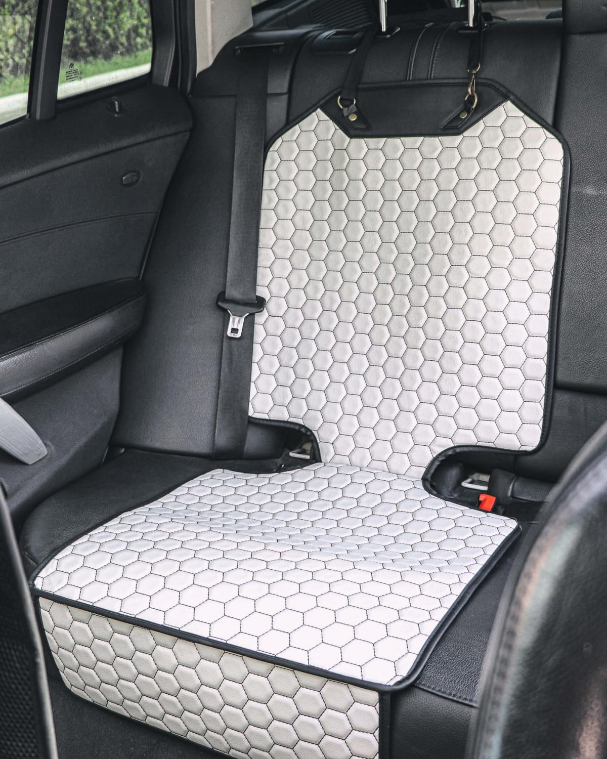 Owleys Set Seat Back Organizer & Car Seat Protector Hexy Waterproof & Non-Slip Protector for Child Car Cushion for Leather and Fabric Seats (White)