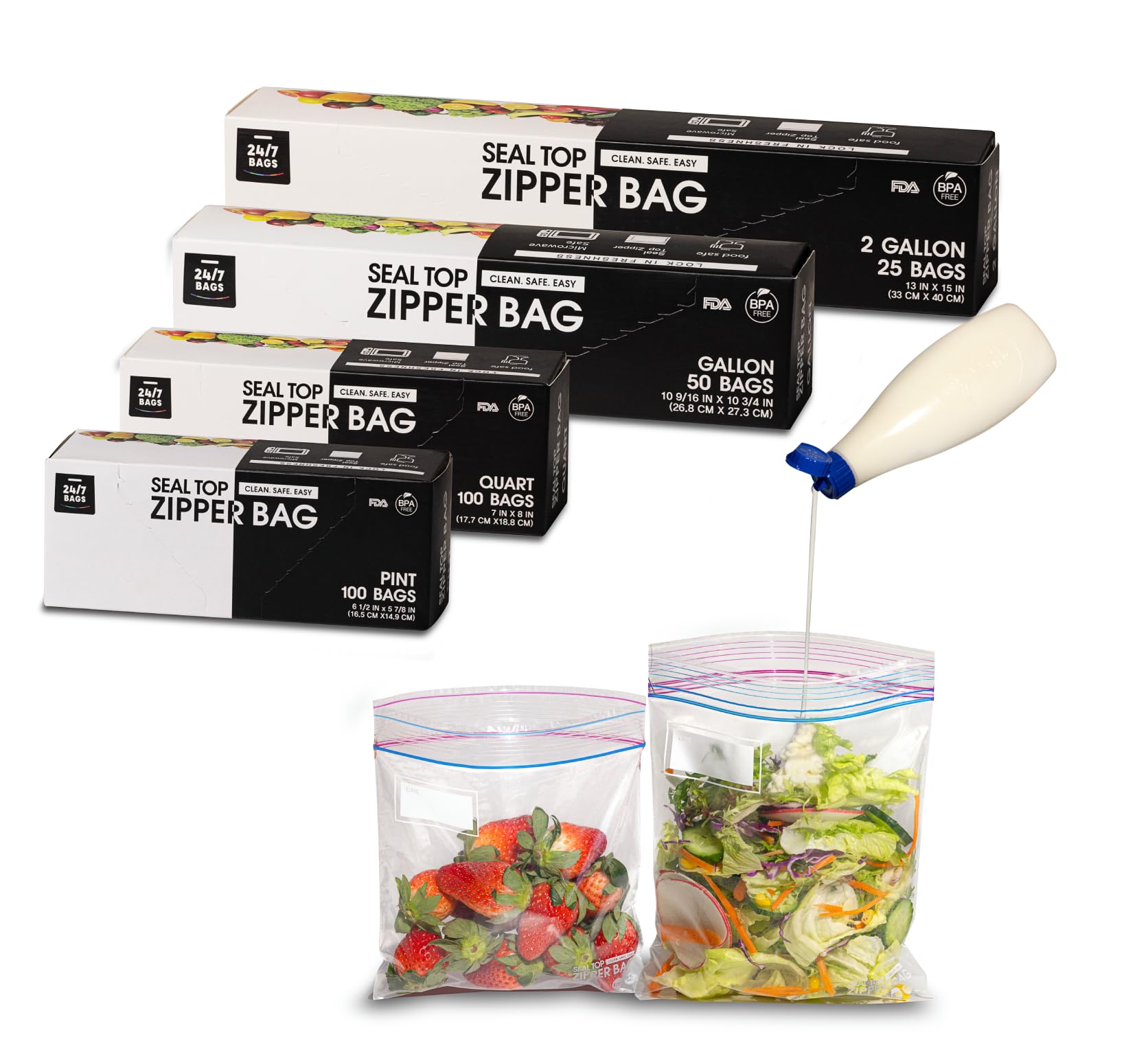 24/7 Bags- Variety Zip Storage Bags, 275 Count, 4 Sizes Including 2 Gallons, Easy Grip Open Tabs, Write-On Space, BPA-Free & Heavy Duty, Microwave Safe, Non-StandUp