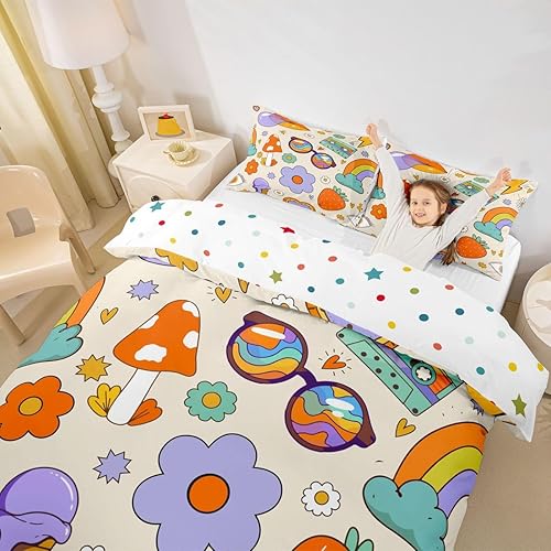 Miniatura 13 de Juego de funda de edredón Kawaii de hongos bohemios, juego de cama para el sol, funda de edredón hippie con diseño floral y groovy, tamaño Multi