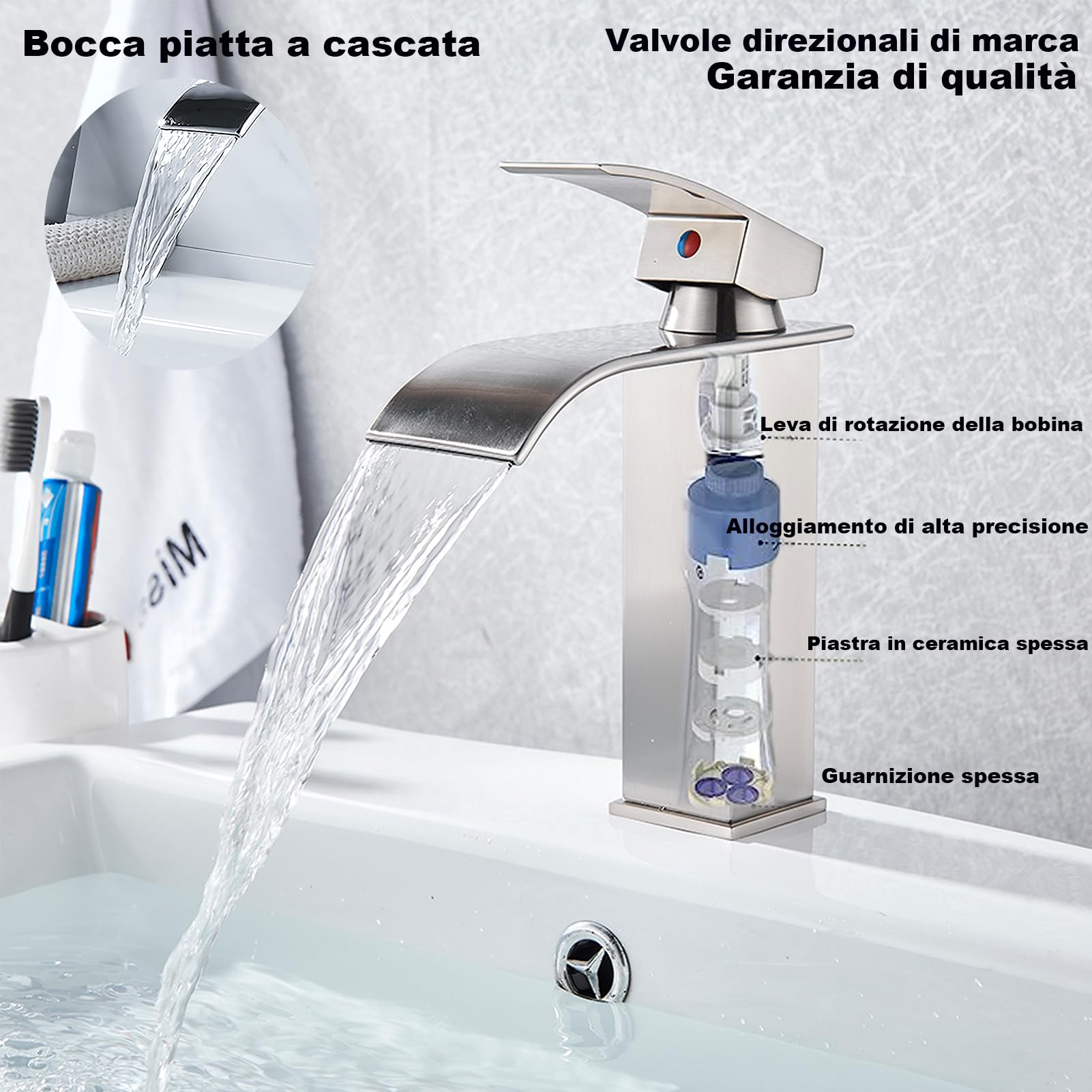 XWIHTR Rubinetto da bagno a cascata, rubinetto per lavabo, rubinetto per lavabo a una maniglia; bocca calda e fredda, silenzioso; rubinetto da bagno in ottone in acciaio inox (spazzolato)
