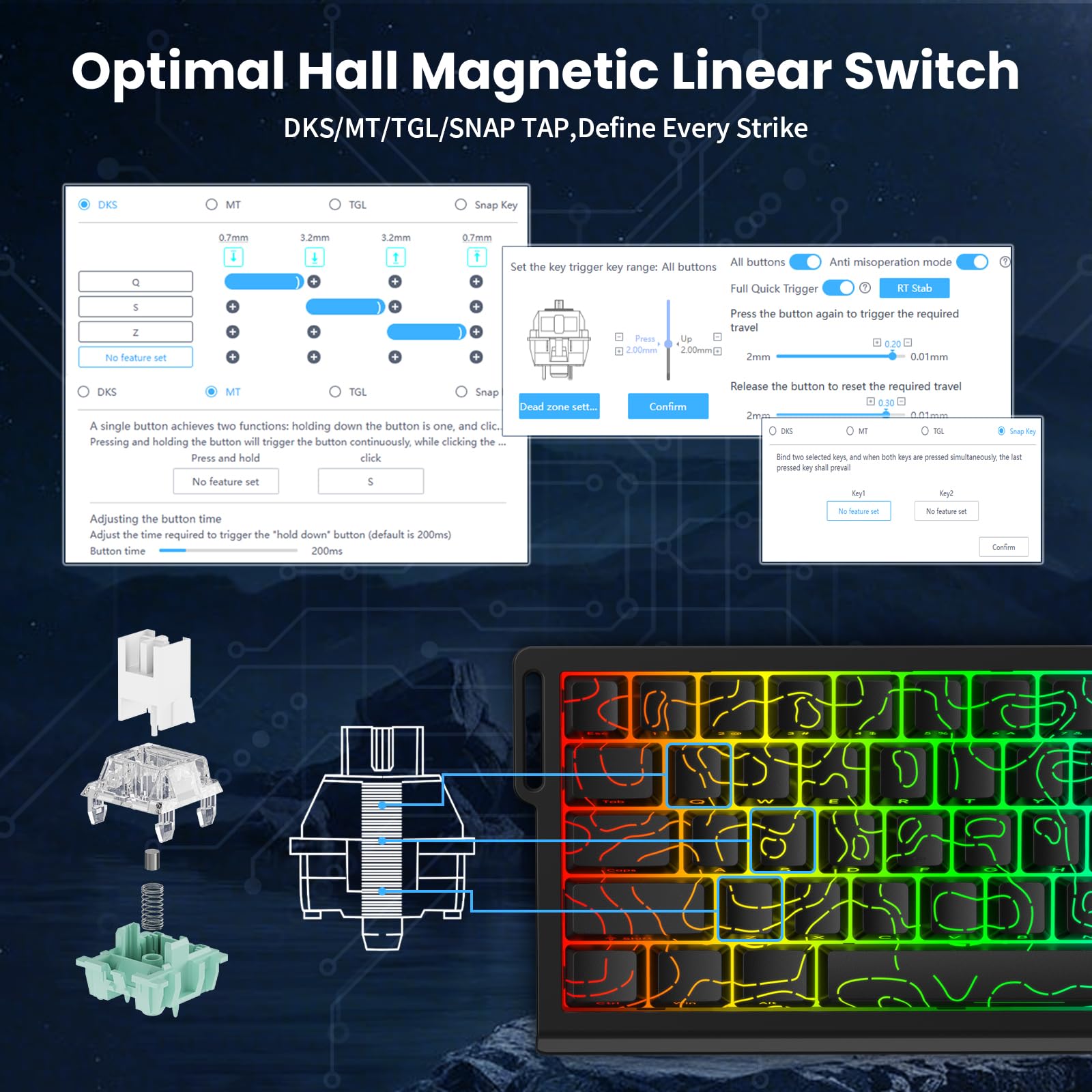 MAMBASNAKE x ATTACK SHARK X68HE Klawiatura mechaniczna Rapid Trigger Magnetic Switch, 0,01 mm Regulowana aktywacja Przewodowa 60% Klawiatura do gier z kablem spiralnym, 8KHz, SOCD, RGB(czarne kontury)