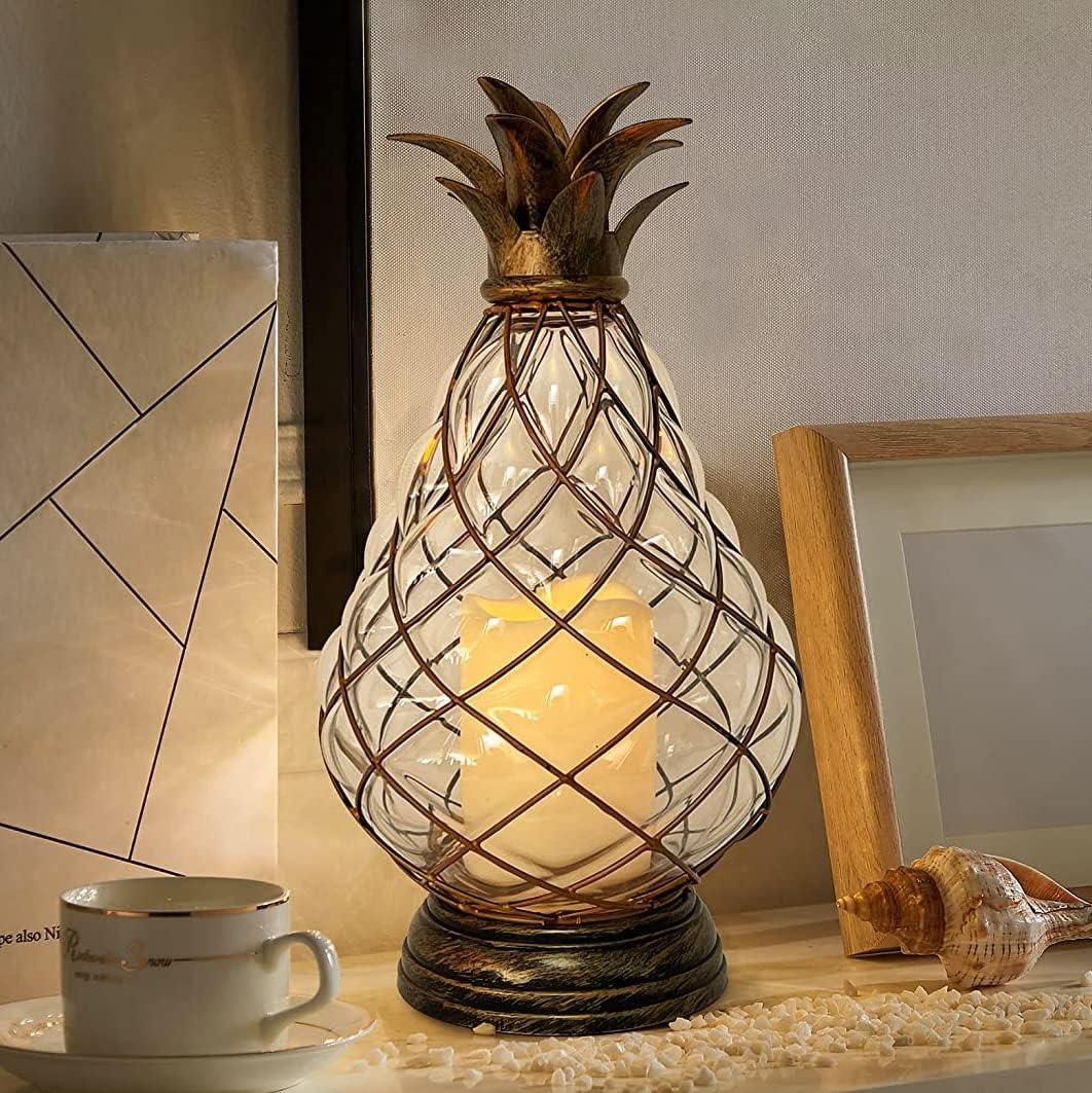 MOZEAL 13" Outdoor Glass Pineapple Lantern,Ip44 Waterproof,6 Hours Timer,Decorative Candle Lantern,with Flameless Candles,Battery Operated,for Front Porch/Patio/Beach/Garden/Pineapple Theme Decor