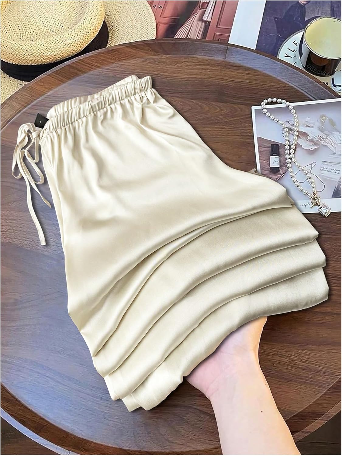 SHENHE Women's Satin Wide Leg Pants Drawstring Flowy Dressy Silky Business Casual Work Pants - Image 2