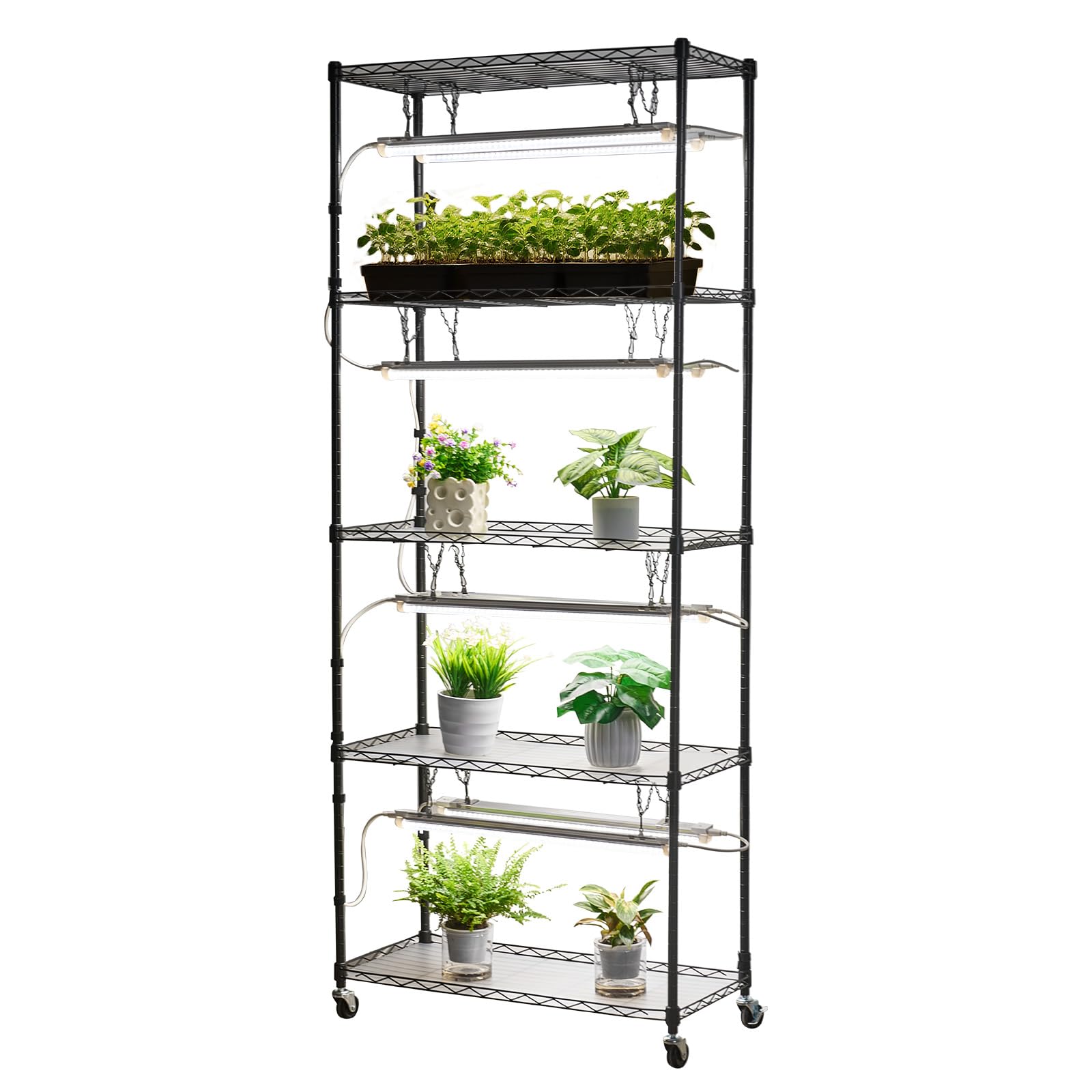 VEVOR DIY-Pflanzenregal mit Wachstumslichtern, Pflanzenständer mit Rädern, 192 W 5000 K Vollspektrum-Lichter, Pflanzenregal aus Metall, Blumenregal für Samenanzucht, 750x350x1800mm