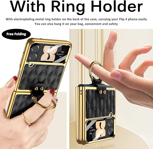 Miniatura 3 de Miimall Funda de cuero para Samsung Galaxy Z Flip 4 con soporte de anillo, cubierta trasera de cuero romboide de lujo, marco de galvanoplastia con