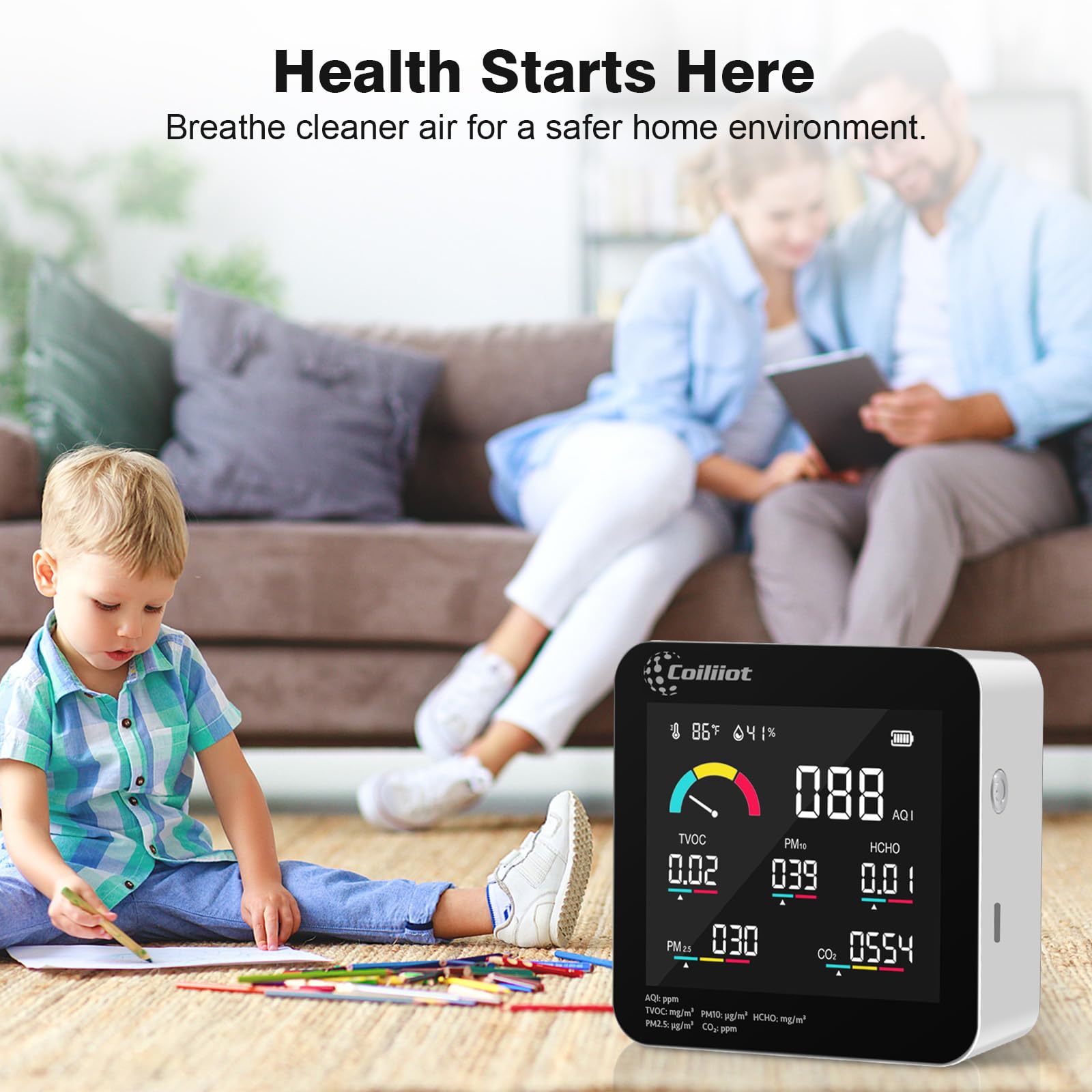 Monitor de calidad del aire interior, detector de CO2 HCHO TVOC PM2.5/PM10 con medidor de temperatura y humedad, probador de AQI en tiempo real para oficina en casa (blanco)