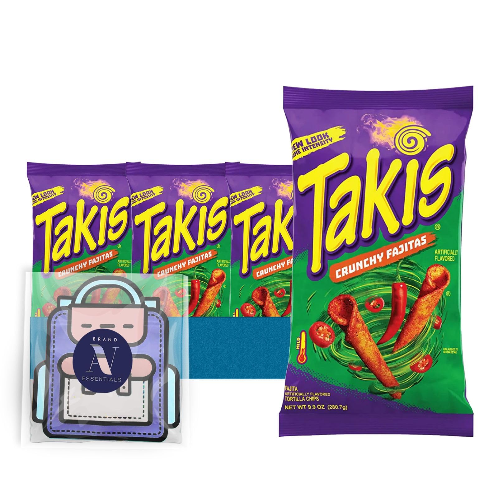 TakisLavinia Essentials Bundle: 4-Pack of Crunchy Fajitas Sharing Size Bag, Hot Chili Pepper Rolled Tortilla Chips 9.9 oz Bag + 1 Utility Prop