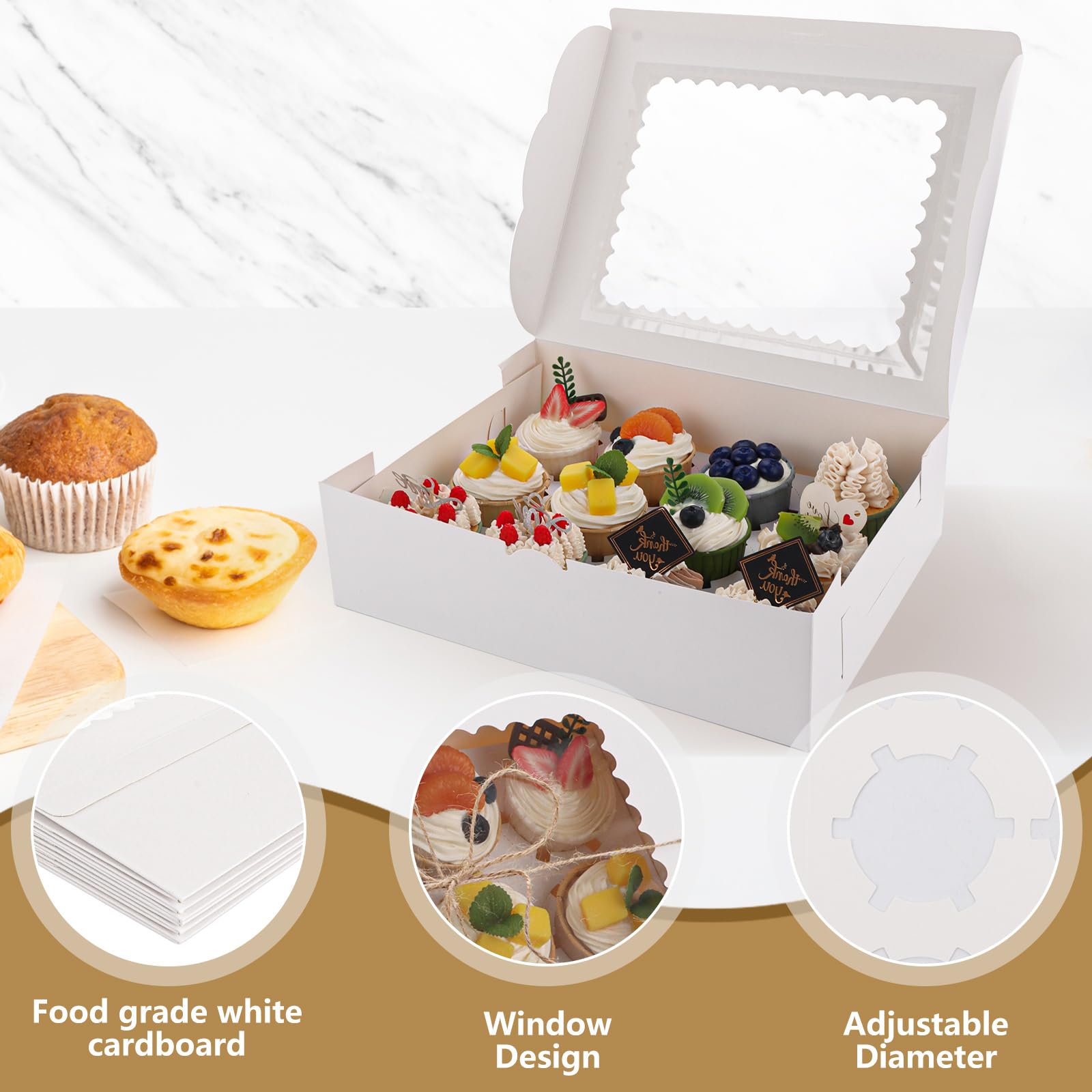 Confezione da 24 scatole per cupcake con 12 fori con finestra, 32 x 25 x 9 cm, scatole bianche per cupcake con spago e adesivi, porta cupcake con inserto per cupcake, biscotti, brownie,