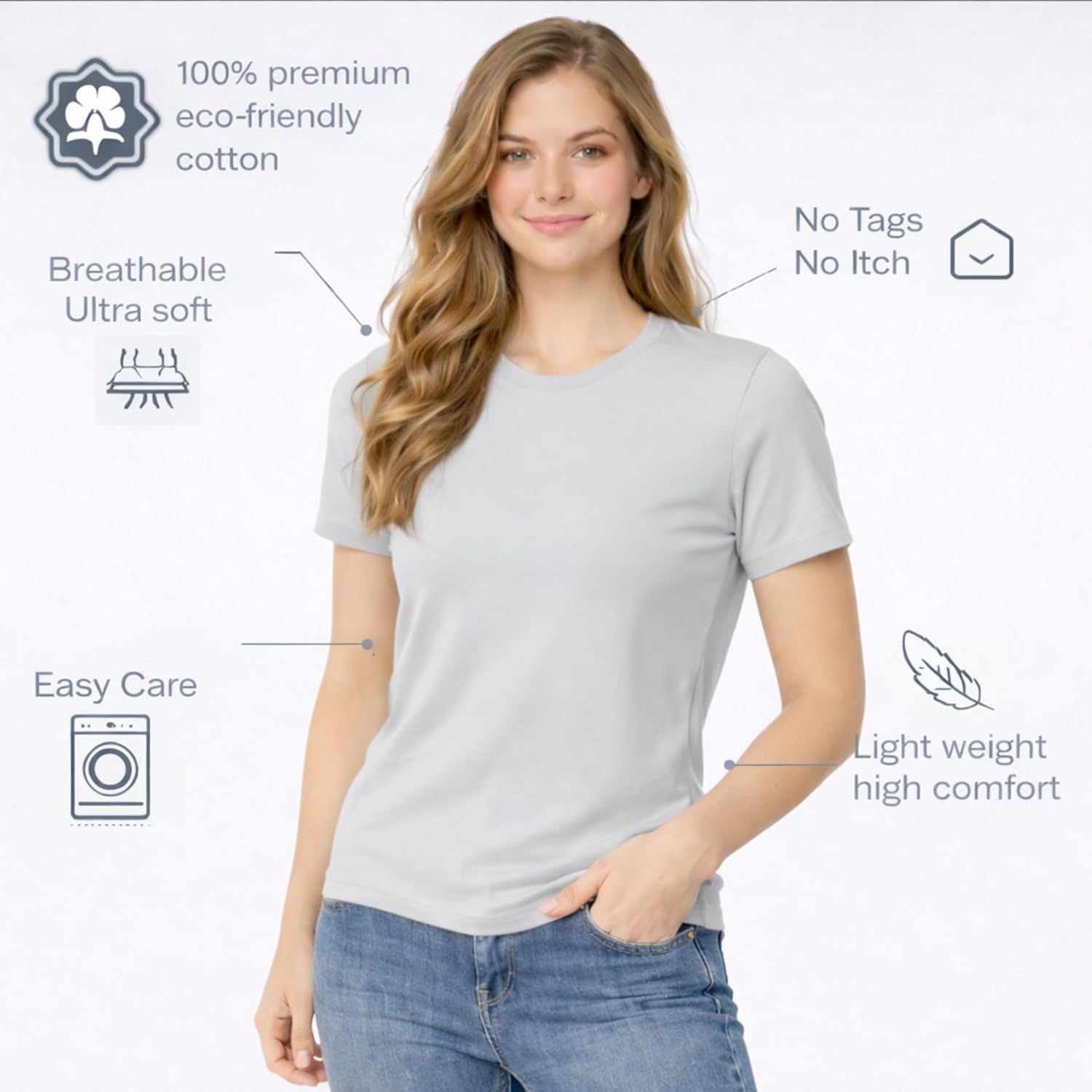 T-Shirts for Women | 100% Cotton Casual Short Sleeve Crew Neck T-Shirts for Women Grey - Image 4