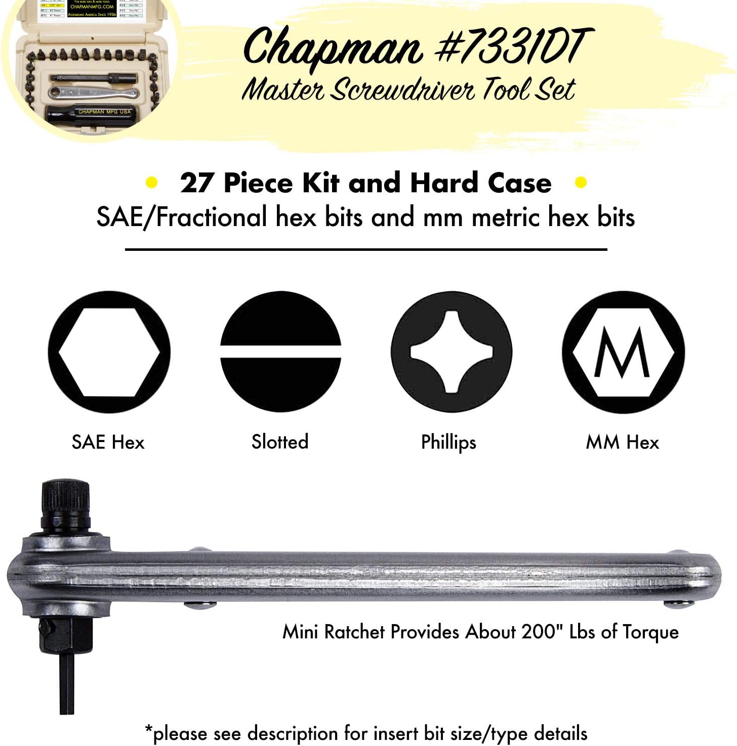 Uр Tо 40% оƒƒ Chapman MFG 7331 All-Purpose Standard Screwdriver Set - Includes Phillips, SAE Allen Hex & Slotted/Flathead Bits, Complete Set Offers 24 USA Made Insert Bits + Mini Ratchet Hand Tool (Desert Tan Case) Authеntіс Crаzу Dеаlѕ Chapman MFG 7331 All-Purpose Standard Screwdriver Set - Includes Phillips, SAE Allen Hex & Slotted/Flathead Bits, Complete Set Offers 24 USA Made Insert Bits + Mini Ratchet Hand Tool (Desert Tan Case)