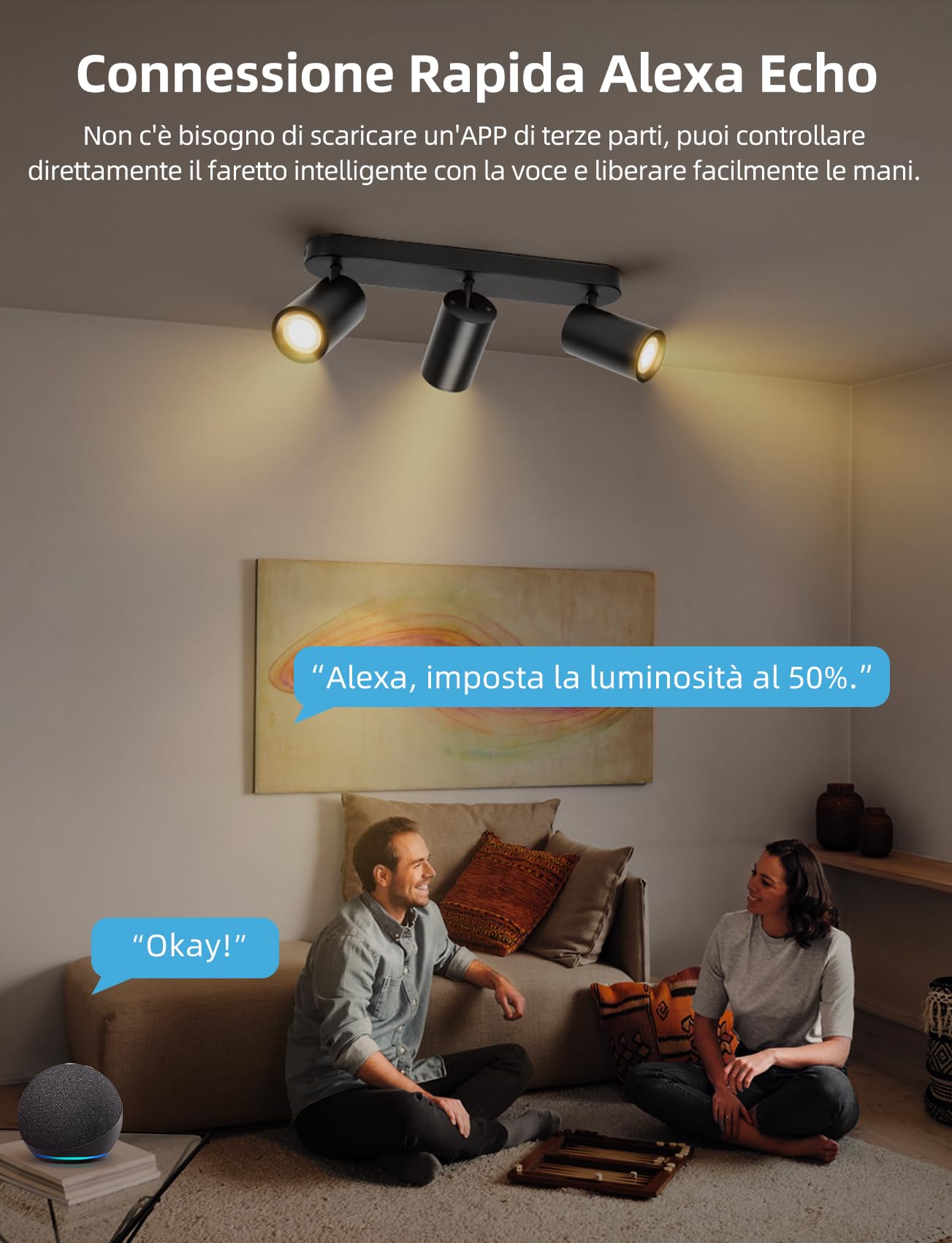 Aigostar Faretti da Soffitto Orientabili Intelligente LED Compatibile con Alexa Bluetooth Mesh, Plafoniera Dimmerabile RGB+CCT 2700K-6500K, GU10 4.9W Faretto da Parete 3 Luci per Soggiorno Cucina