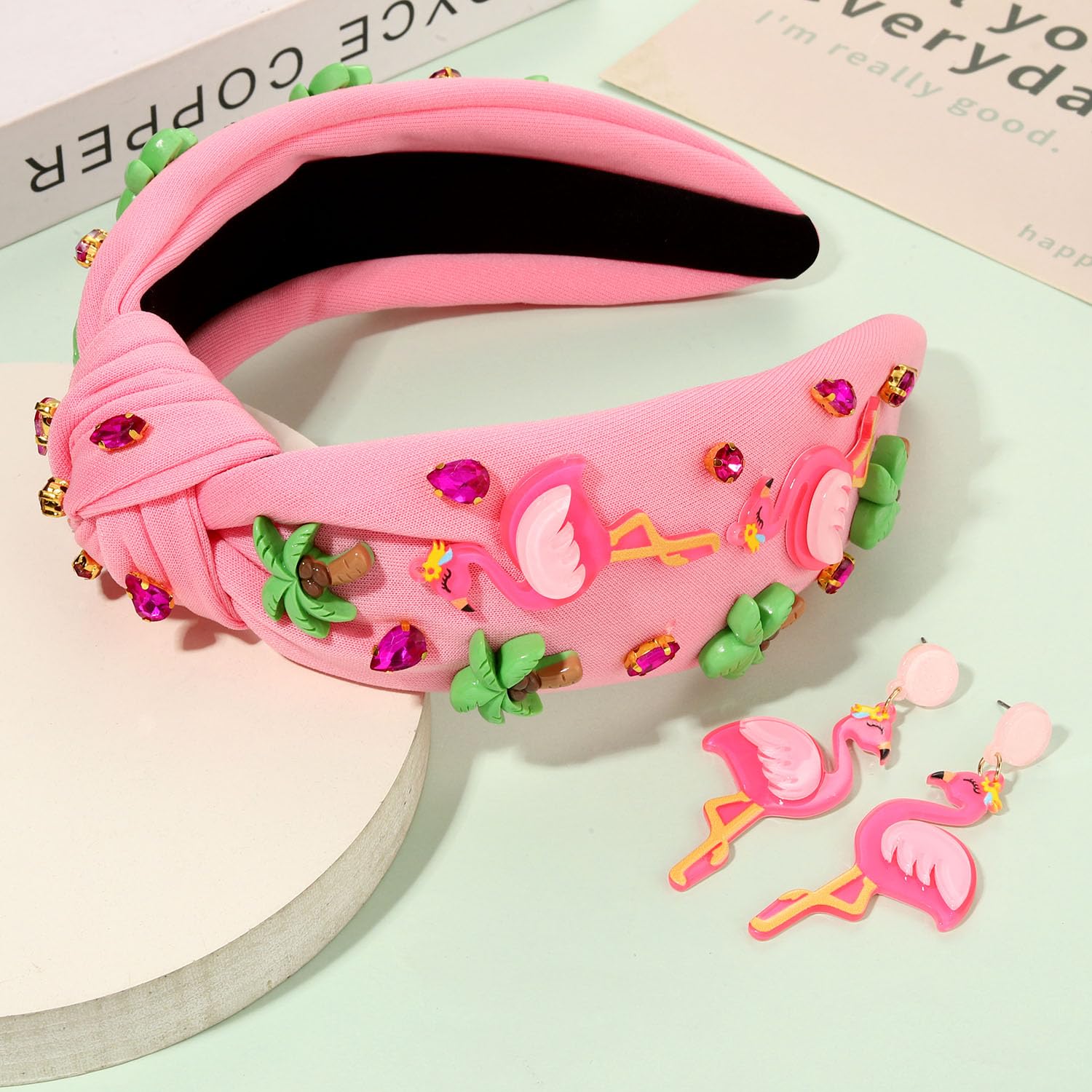 Jeweled Tropical Beach Vacation Flamingo Knotted Headband with Rhinestone Crystals and Wide Top Knot for Women (Flamingo 2)