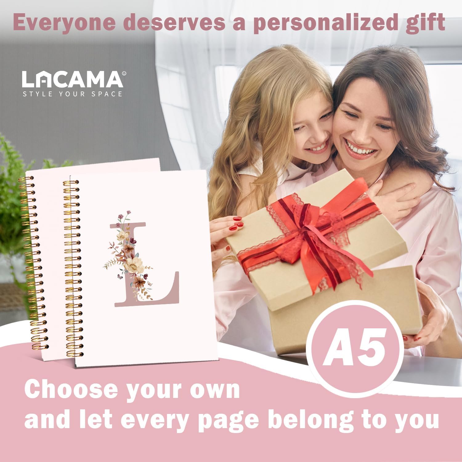 Lacama Pink Initial Letter L Notebook Journal, Trendy Wildflower Personalized Spiral Notebook, Customized Monogrammed Gifts, Birthday Gifts for Women, School Supplies, Office Supplie 5.5x8.3 - Image 2
