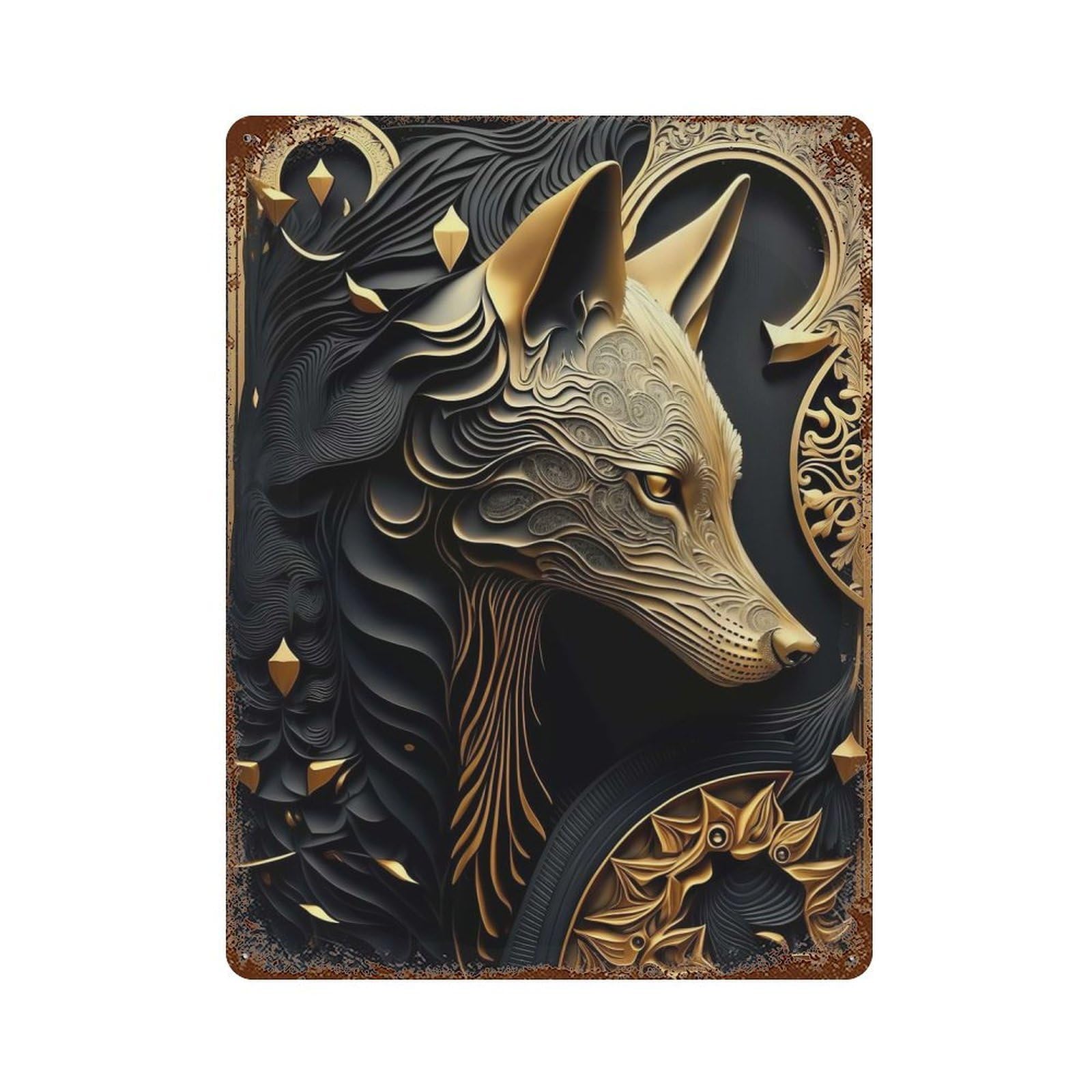 Golden Wolf Portrait Art Deco Retro Metal Sign 15.7"x11.8", for Bistro, Counter And Cafe Decor, Rustic Home Decor