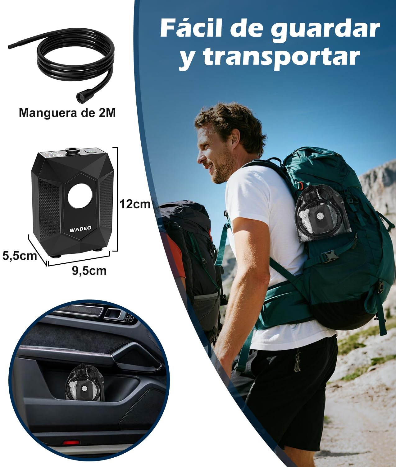 WADEO Ducha de Camping con batería, Bomba e iluminación, 120 Minutos de autonomía, Set de Ducha móvil con Manguera de 2 m y Cubo de Ducha para el jardín, Lavado de Coches, Mascotas, Playa y Viajes
