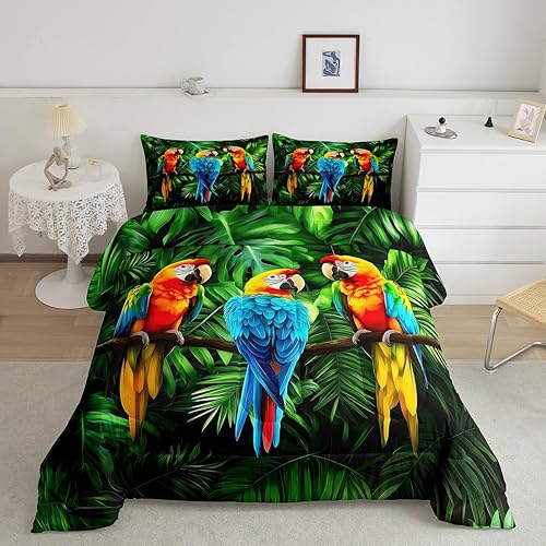 Juego de ropa de cama de loros tamaño Queen, edredón de plumas de animales en acuarela, juego de edredón de hojas de palma para niños, adolescentes