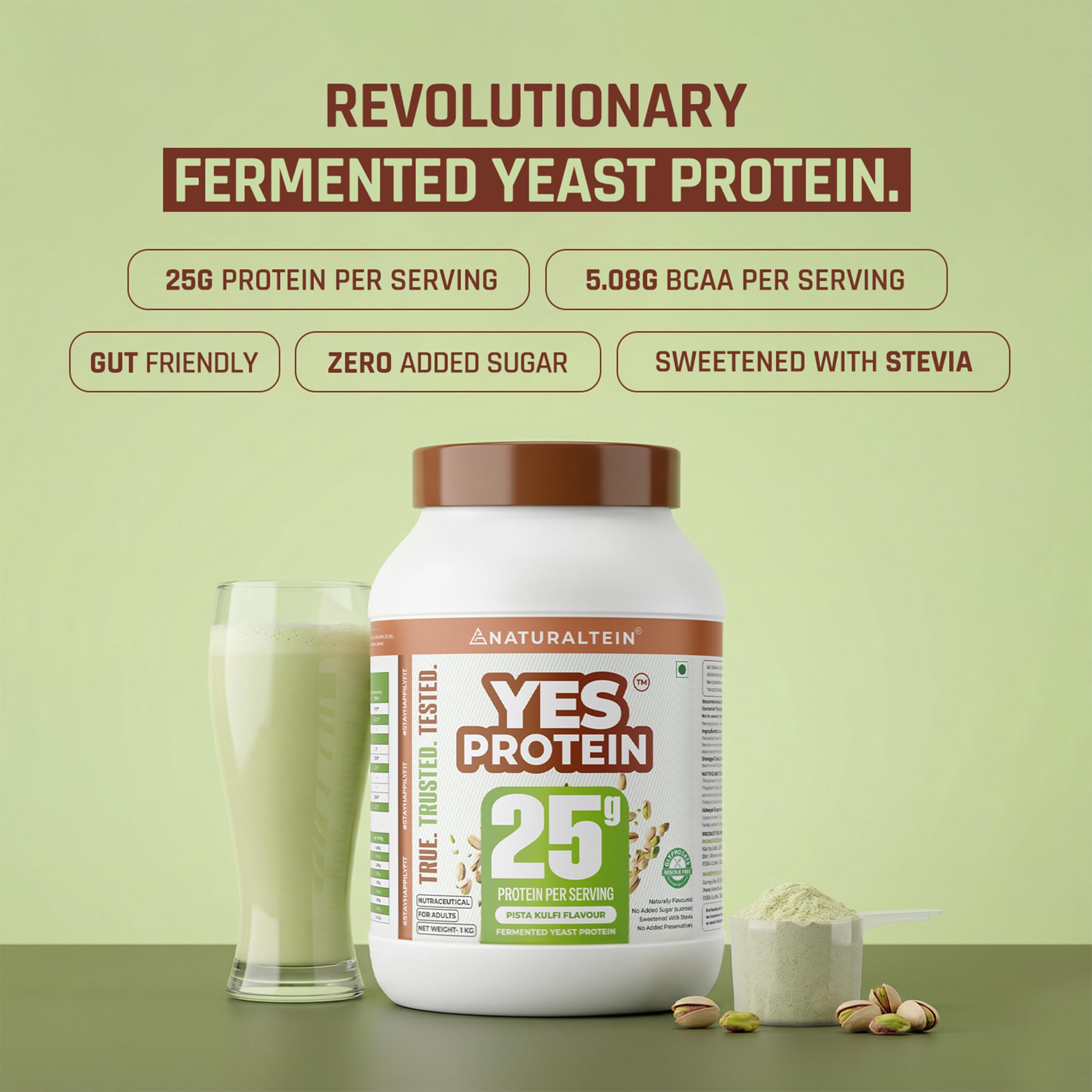 Naturaltein YES Protein 1kg | Fermented Yeast Vegan Protein Powder |Pista Kulfi Flavour| 25 g Protein | No Added Sugar | Naturally Sweetened | Digestive Enzymes | Heavy Metal Tested | 28 Servings — Amazon image 5