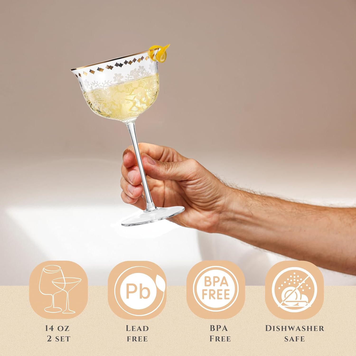 Gold Rim Vintage Art Deco Martini, Champagne & Cocktail Coupe | Set of 2 | 14 OZ, Dancing Golden Flower Etched Design, Floral Cocktail Glassware - Sidecar, Wine - Regal Vine Design, Gifts for Her, Him