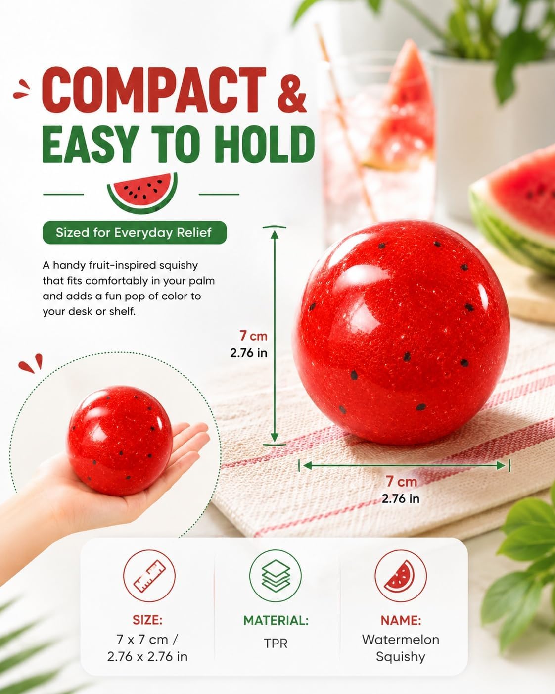 Slushy Watermelon Squishy, Watermelon Fruit Slush Stress Ball，Realistic Fake Food Stress Ball, Mashed Potato Skin Soft Filled Squeeze, Toy Squeeze Shapeable for Anxiety Relief(1pc)