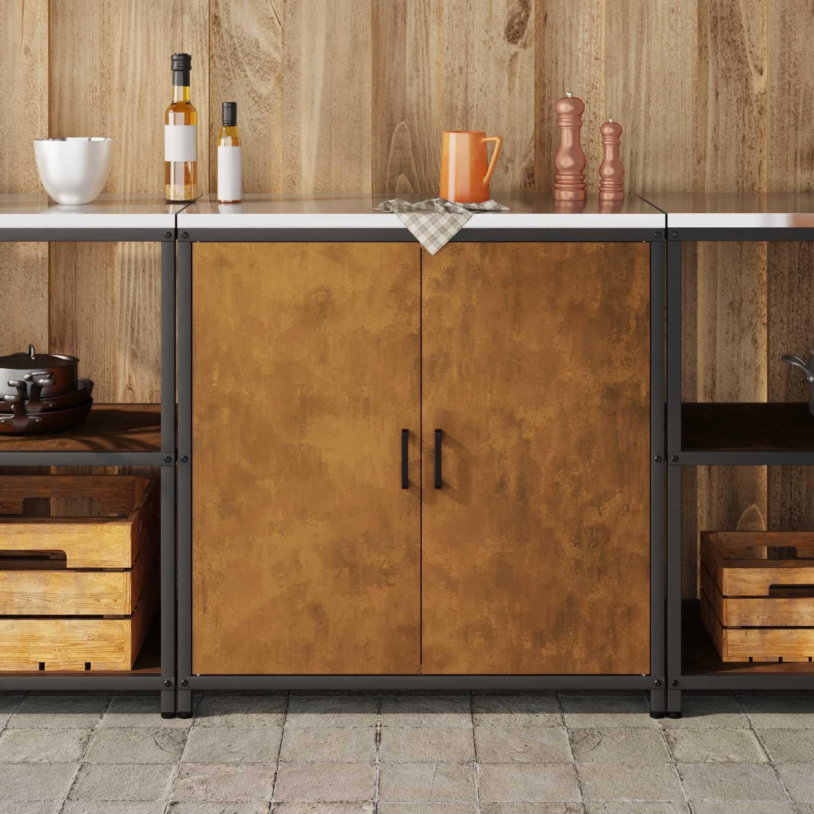Hothingwell Schowek kuchenny Stal Drewno 90x50x92 cm | Solidna stalowa rama, półki drewniane, nowoczesny design, łatwy montaż, do użytku na zewnątrz