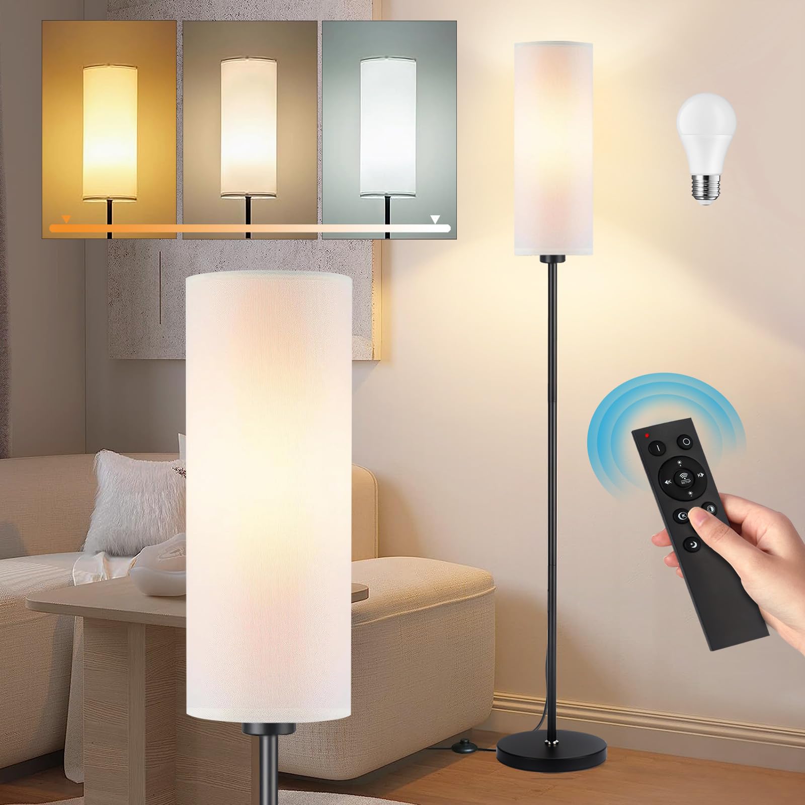 Lampadaire Sur Pied Salon avec télécommande, Températures de Couleur Réglable, Ampoule LED 9 W incluse, Lampe de Lecture Blanc Moderne, Lampes de Chevet pour Chambre à Coucher, Salon, Bureau
