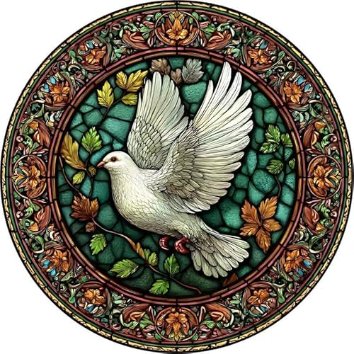 Stained Glass Window Hanging-Vintage Peace Dove & Autumn Leaf Design,