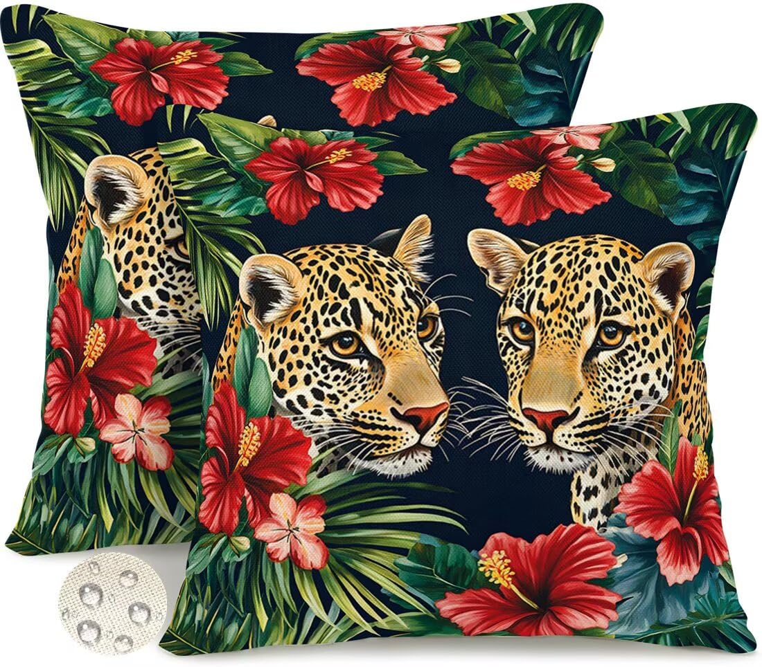 Wangllpgy Jungle Flower Outdoor Cushions 35Cm X 35Cm Set Of 2 Waterproof Cushion Covers Leopard Garden Cushions Summer Decorative Pillows Throw Pillow Covers Double-Sided For Outdoor Patio Garden Sofa -Gy482