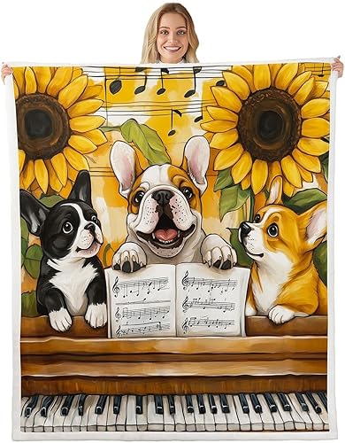 Manfei Cute Dogs Throw Blanket Yellow Sunflower Fuzzy Blanket for Kids Boys Girls Room Decor, Retro Music Theme Blanket for Bed Couch Sofa, Soft and