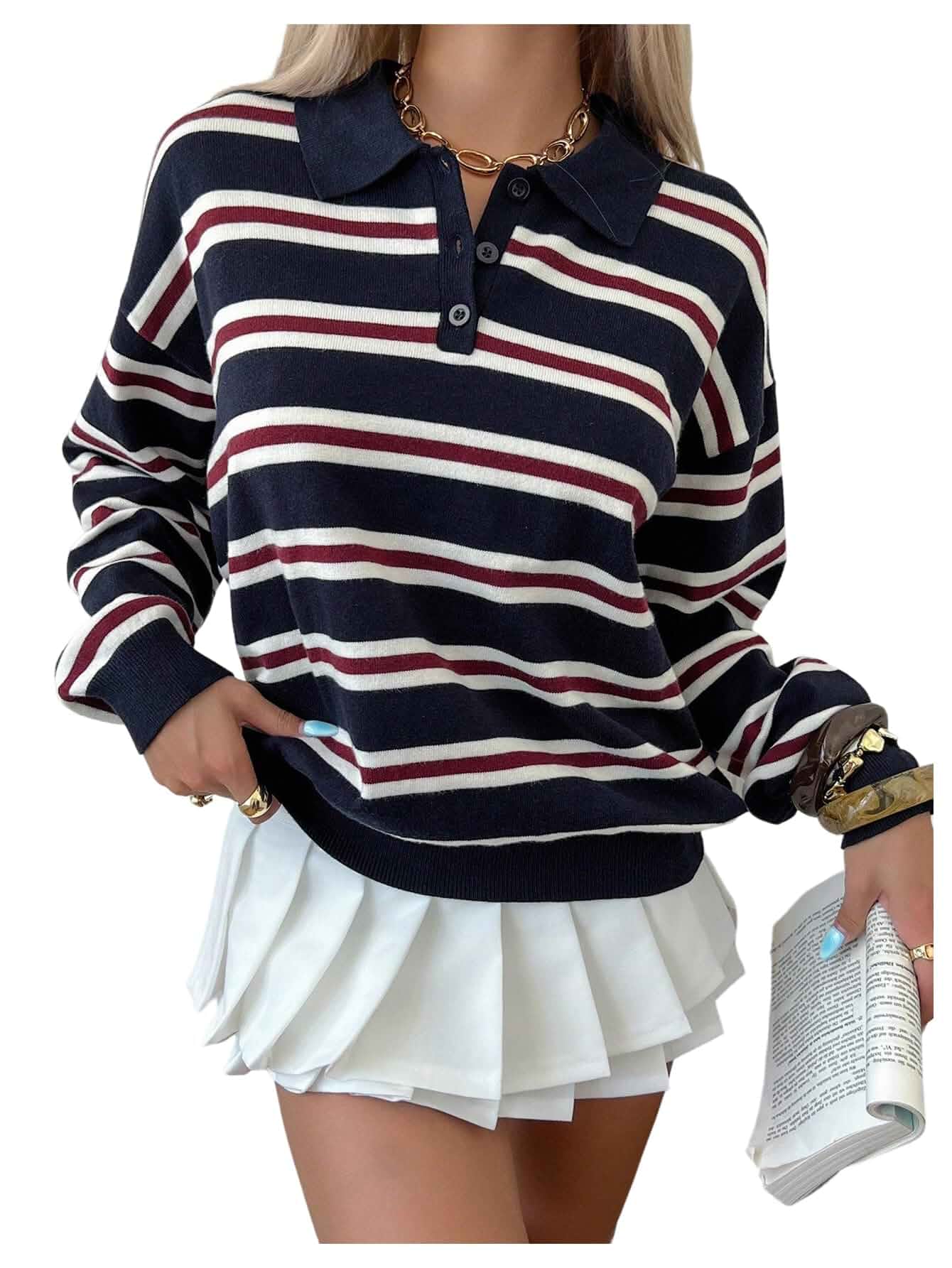 Verdusa Rugby Shirt Preppy Striped Long Sleeve Shirt Women Pullover Sweaters Collared Knit Tops Striped · Loose Fit
