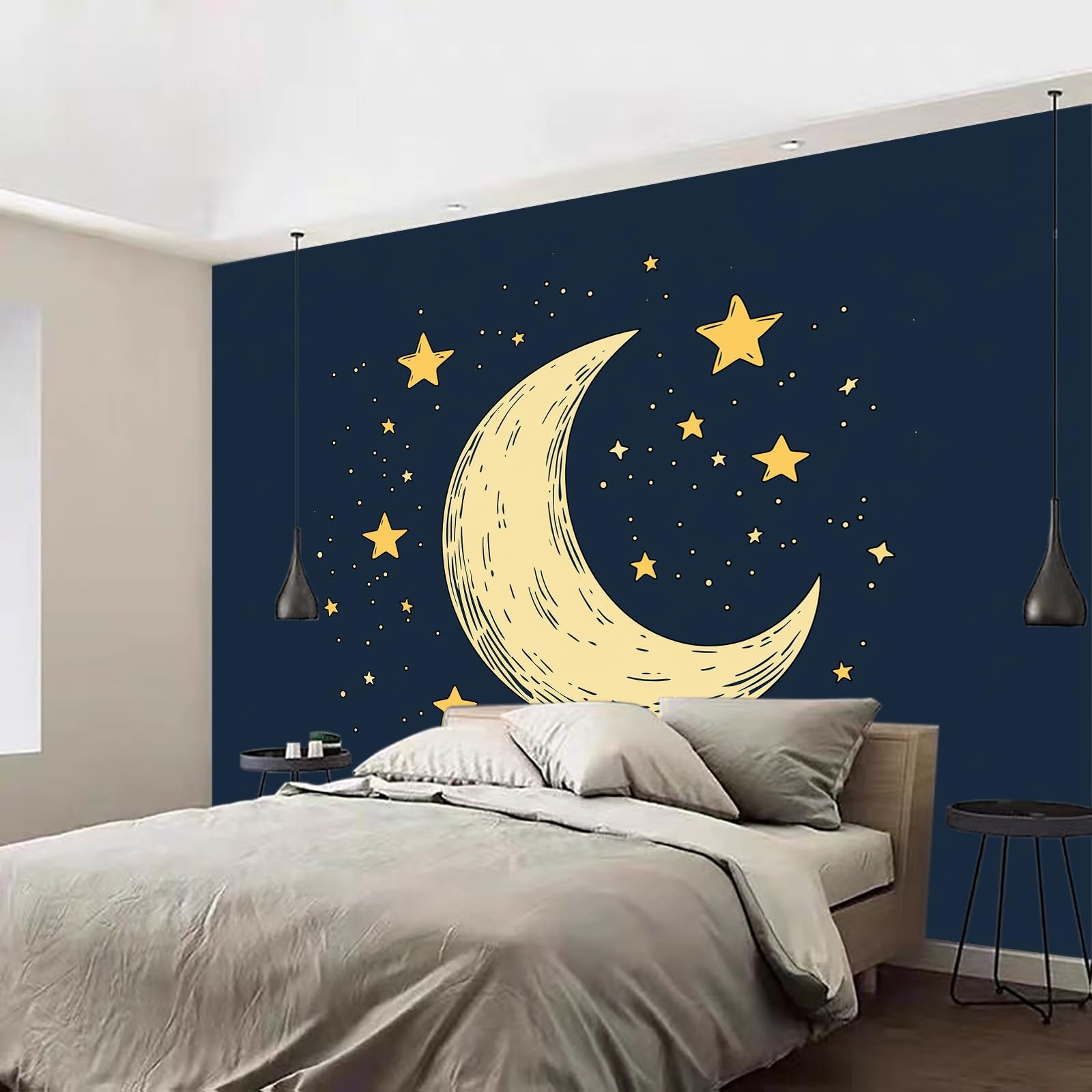 Tapeta ścienna z księżycem i gwiazdami w stylu Doodle, fototapeta, księżyc i gwiazdy, tapeta ścienna, 400 x 280 cm (szer. x wys.), dekoracja ścienna, tapeta dekoracyjna, tapeta ścienna, tapeta do