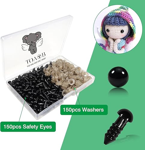 Miniatura 7 de TOAOB - 150 ojos de seguridad de 0.236 pulgadas para Amigurumis Craft Crochet Eyes con 150 arandelas de ojos negros de muñeca para ganchillo