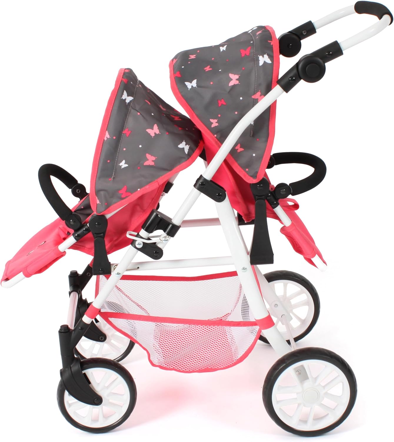 Bayer Chic 2000 - Twinny Doll's Pram, Twin Doll's Pram for Two Dolls, Twin Buggy for Children from 4 to 8 Years, Butterfly, Coral, 691-47