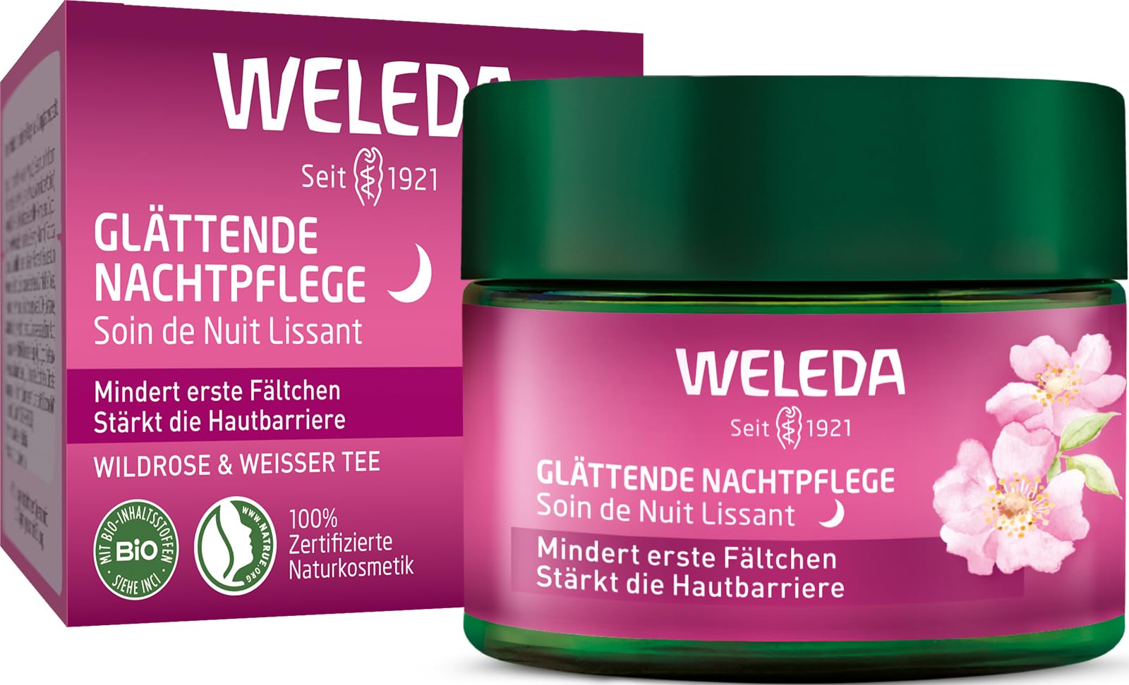 WELEDA Bio Glättende Nachtpflege Wildrose & Weißer Tee - Naturkosmetik Natural Aging Gesichtscreme mit Age Protect Complex mindert erste Fältchen & aktiviert die Zellerneuerung (vegan, 40ml)