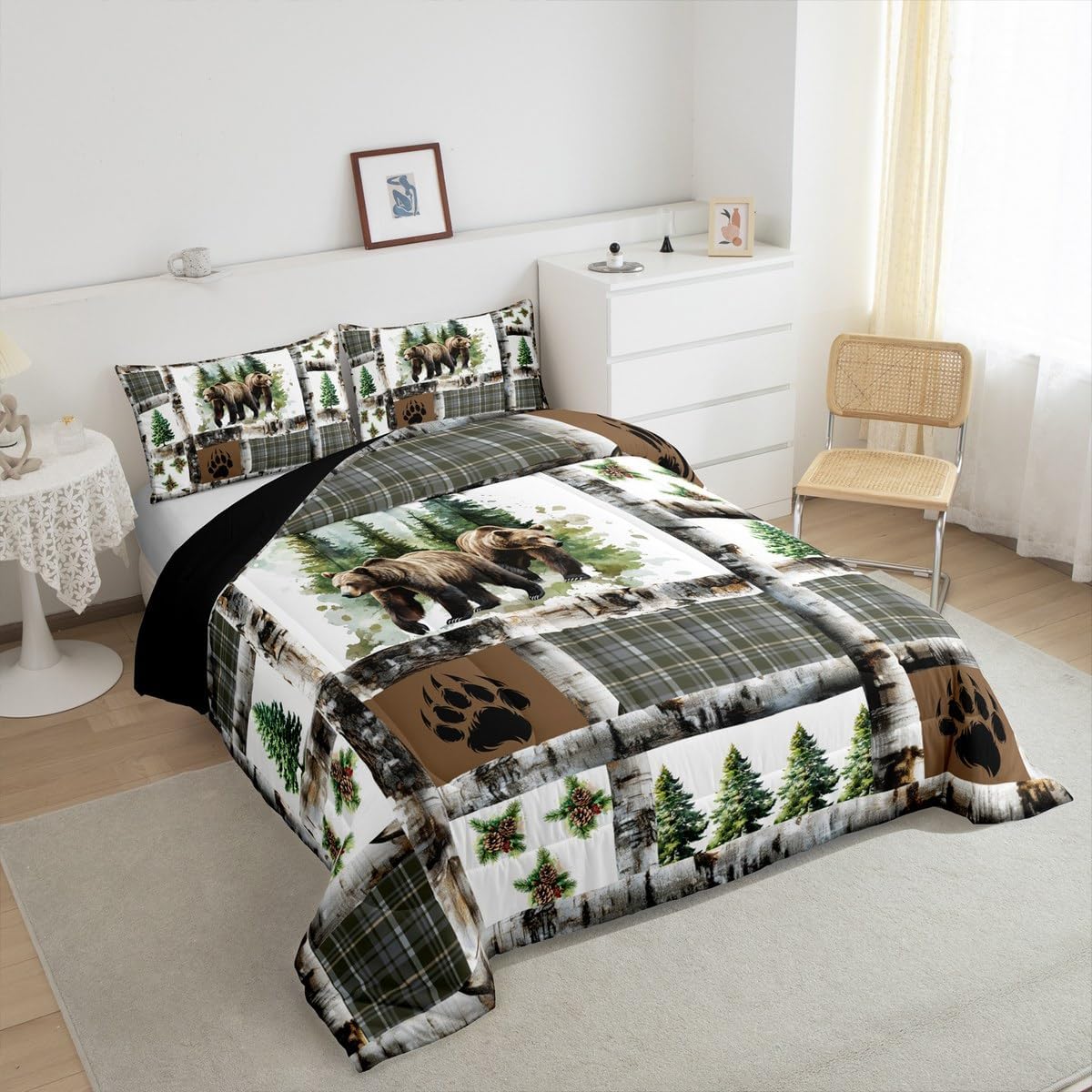 Feelyou Rustic Bear Bedding Set Hunting Theme Comforter Set for Kids Boys Girls Bear Paw Print Comforter Cabin Decor Quilt Set with 2 Pillowcases 3Pcs Bedding King