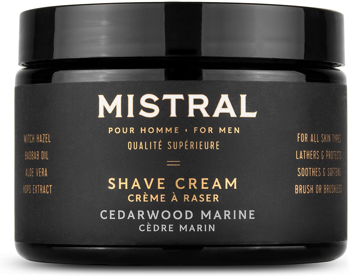 Mistral Cedarwood Marine Shaving Cream for Men | Smooth Triple Layered Foam | Men’s Shave Cream with Organic Plant Extracts | pH-balanced, Phthalates & Paraben-Free | Made in USA. 9oz Tub