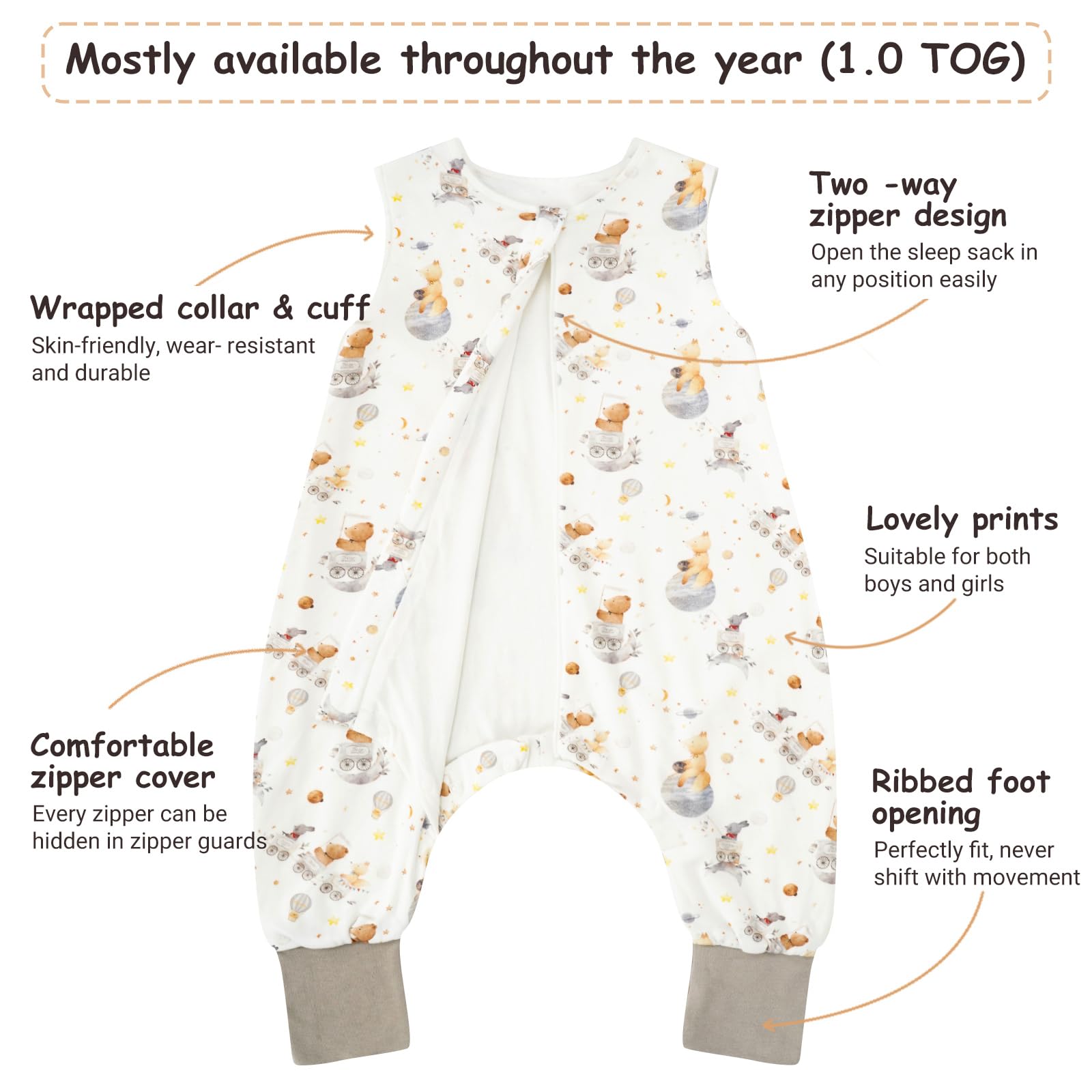 WYTbaby 2 Pack Sleeping Bag with Legs 1.0 Tog Toddler Wearable Blankets 100% Cotton Baby Sleep Sack for Boys and Girls Fantasy Bear + Gray 70 cm - Image 2