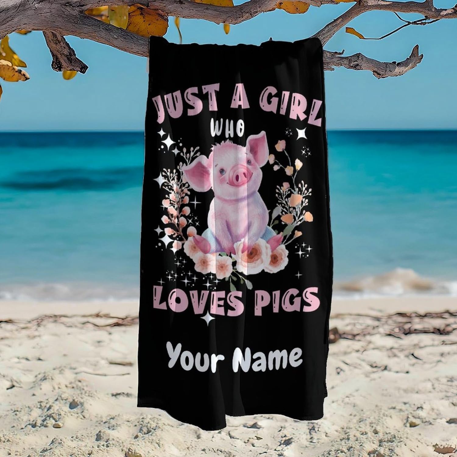 Girls Beach Towel, Personalized Pig Bath Towel, Soft Sand Free Microfiber Bathroom Towels for Seaside Swim, 40x70 Inch