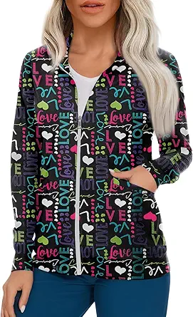 Scrub Jackets for Woman Zip Up Long Sleeve Tops Print Plus Size Womens Scrubs for Women Nursing Shirts with Pockets