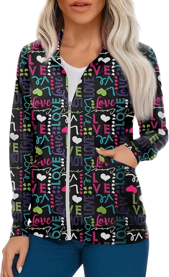Scrub Jackets for Woman Zip Up Long Sleeve Tops Print Plus Size Womens Scrubs for Women Nursing Shirts with Pockets